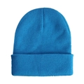 Detail shot of sky blue knitted beanie featuring a ribbed texture and folded cuff style - Blue