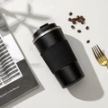 Black insulated stainless steel coffee mug with silicone grip and spill-proof lid - 380ml / Gen 3 with Silicone Sleeve / Black