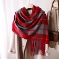 Soft cashmere-like red and grey plaid scarf with fringes styled on a beige coat - 200x65cm / Red & Gray Plaid (WT98-1)