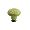 Grass green ceramic cabinet knob with embossed floral pattern and dark metal base - High Base / Grass Green