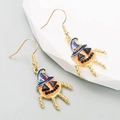 Halloween pumpkin earrings with witch hats and colorful rhinestones in golden finish - Magic Pumpkin Style / Colorful