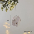 Glossy white ceramic mini house ornament with gold painted door and silver hanging cord - Mini House B