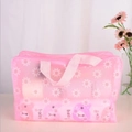 Pink floral PVC waterproof makeup bag with transparent bear pattern and handle - Pink