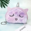 Detail of soft purple plush unicorn coin purse with silver horn and embroidery - Unicorn Style-Purple Edging