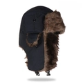 Detail view of Navy Blue winter trapper hat with faux fur lining and chin buckle - 56-60cm / Navy Blue