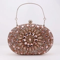 Detail der roségoldenen Abendtasche mit Strasssteinen und rosa Edelstein-Blumenmuster - Champagner