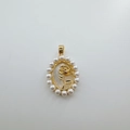 Detail of 18K gold-plated oval white shell pendant with a gold rose and pearl frame - Rose Flower White Mother of Pearl