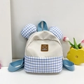 Kids mini canvas backpack in beige and blue gingham with a leather Sunday smiley patch - Blue