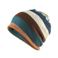 Winter striped knit beanie in blue, brown, and beige with soft French velvet texture - Thin Style / Blue Stripe