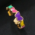 Detailed close-up of adjustable golden stainless steel ring with colorful enamel butterflies - Butterfly