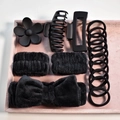 Flat lay of a 14-piece black hair accessory set with matte clips and plush bow headband - Black (16-Piece Set)