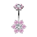 Piercing para ombligo con flores de cristal rosa y blanco en acabado plateado - Estilo Doble Flor de Cristal Rosa y Blanco (款式二十九)