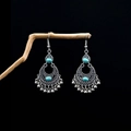 Bohemian silver drop earrings with turquoise stones and tribal bells on a wood branch - E4771-1 Blue Hollow Bell