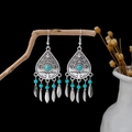 Bohemian silver drop earrings with turquoise beads and leaf charms in vintage style - E5774-15 Blue Teardrop Tassel