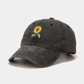 Close-up of yellow sunflower embroidery on dark grey washed cotton baseball cap texture - Adjustable / Black