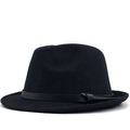 Close-up of black wool felt fedora featuring a classic leather belt band detail - M (56-58cm) / Black
