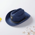 Navy blue straw fedora with leopard print band and metallic shield on white beach setting - M / Navy Blue