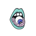 Punk enamel pin with green lips, blue eyeball, and pink tongue on a white background - C1720-2