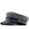 Detail of vintage gray sailor hat featuring a black leather strap and golden metal buckle - Adjustable / Gray