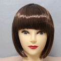 Short dark brown Bob wig with smooth synthetic hair and straight bangs on a mannequin - Coffee