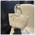 Close-up of cream woven cotton rope tote bag with elegant lace bow detail and soft texture - Lace Bow Style / Off White