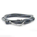 Detail of woven nautical rope bracelet with silver fish hook clasp in grey and blue - Gray & Blue / Silver Hook