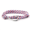 Detailed shot of tricolor braided nautical bracelet with silver fish hook clasp - Classic Red White Blue / Silver Hook