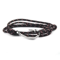 Detailed close-up of woven tricolor nautical cord bracelet with silver fish hook clasp - Black Red White / Silver Hook