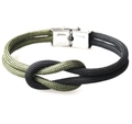 Detail of army green and black woven paracord bracelet with stainless steel buckle - Army Green + Black