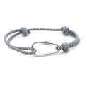 Detail of grey striped rope bracelet with silver metal carabiner buckle on white background - No. 01 Grey with Blue & White Stripes