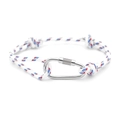 Detail of red white and blue RPET cord bracelet with a silver metal carabiner clasp - No. 04 White Red & Blue Woven