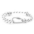 Detail of black and white woven rope bracelet featuring a silver metal carabiner clasp - No. 22 Black & White Woven