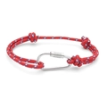 Red braided RPET rope bracelet featuring a silver metal carabiner clasp on white background - No. 06 Red with Blue & White Dots