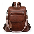 Mochila vintage de cuero PU marrón para mujer con borla y correa tejida - Marrón Oscuro