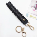 Elegant black and white striped woven lanyard with gold alloy clips and leather accents - Black With Key Ring