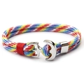 Detailed shot of rainbow paracord bracelet featuring a polished silver anchor metal clasp - Rainbow