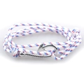 Detail of nautical multi-layer braided rope bracelet with silver anchor hook clasp - Blue Red White