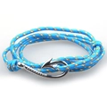 Detail of blue and orange braided rope bracelet featuring a silver metal fish hook clasp - Blue Orange