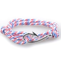 Detail of red, white and blue woven rope bracelet with silver anchor hook clasp - White Blue Red Striped