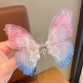 Elegant pink and blue gradient butterfly hair clip with white pearls and silver base - Gauze Butterfly Style (F0009) / Tiffany Blue