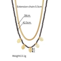 Double-layer necklace details showing gold leaf charms and black beads with measurements - Monstera Leaf / Black Gold