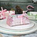 Floral triangle candy box with pink ribbon and Love Is Sweet text for wedding favors - Floral / Pink Floral Triangle Box + Pink Ribbon / Pink