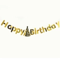 Dettaglio dello striscione dorato Happy Birthday con effetto specchio e cappellino - Stile Cappello di Compleanno Oro