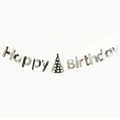 Silver metallic Happy Birthday banner with party hat accent for birthday decorations - Silver Birthday Hat Style