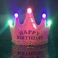 Close-up of pink LED crown hat with Happy Birthday text and colorful glowing lights - One Size / Rose Red Birthday Crown Hat