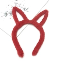 Detail view of red plush cat ear headband with soft fluffy texture for parties - Rabbit Ear / Long / Red