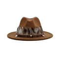 Detailed view of bohemian fedora with feathers, leather braid and metal charms - M (56-58cm) / Khaki