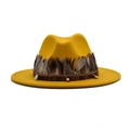 Classic yellow wool fedora hat with feather trim and woven bead band for men and women - M (56-58cm) / Yellow
