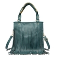 Dark green leather tote bag with dense fringe accents and woven handles on white background - Blue