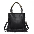 Black pebbled leather tote bag with stylish fringe decor and golden chain handle - Black